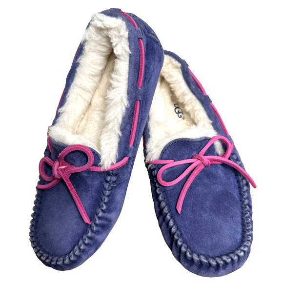 Ugg Dakota Slippers Size 5 Womens Blue Suede Pink Laces Wool Lining Rubber Soles - Picture 1 of 13